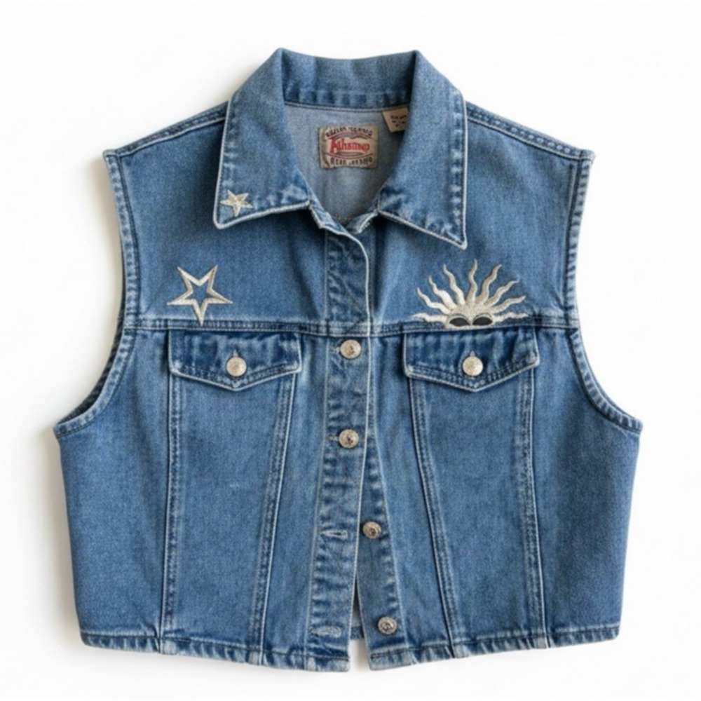 Vintage Kikomo Y2K Denim Vest Embroidered Celestial Sun Star Cropped Jacket L